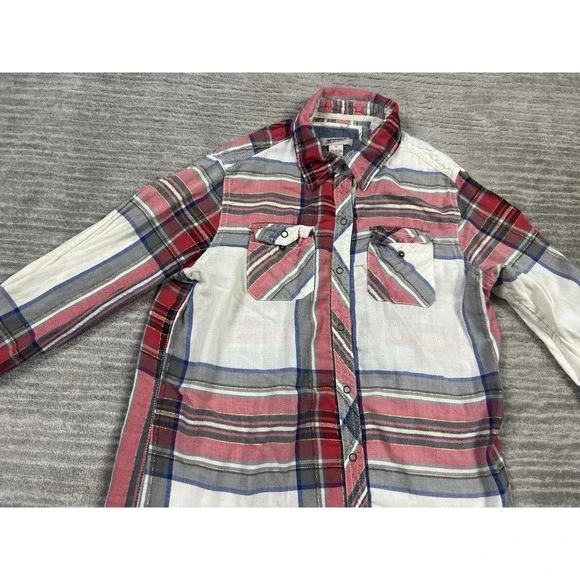 Arizona Top Womens Small Multicolor Plaid Metallic Snap Up Roll Tab Long Sleeve - Picture 2 of 12